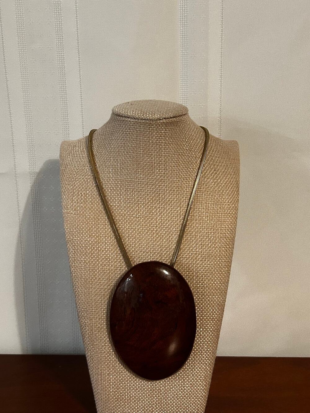 Large Thuya Wood Burl Cabochon Statement Pendant Necklace 24 In Box Chain